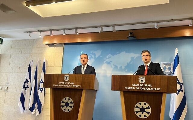 Foreign Minister Eli Cohen (R) at a press conference with Azerbaijani Foreign Minister Jeyhun Bayramov in Jerusalem on March 29, 2023 (Lazar Berman/Times of Israel) Foreign Minister Eli Cohen (R) at a press conference with Azerbaijani Foreign Minister Jeyhun Bayramov in Jerusalem on March 29, 2023 (Lazar Berman/Times of Israel)