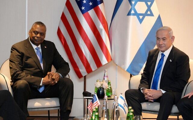 US Defense Secretary Lloyd Austin (left) and Prime Minister Benjamin Netanyahu meet at Ben Gurion Airport on March 9, 2023. (Amos Ben-Gershom/GPO) US Defense Secretary Lloyd Austin (left) and Prime Minister Benjamin Netanyahu meet at Ben Gurion Airport on March 9, 2023. (Amos Ben-Gershom/GPO)