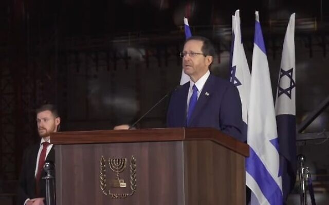 President Isaac Herzog speaks at a Navy officer's graduation ceremony at the Haifa naval base, March 1, 2023. (Israel Defense Forces) President Isaac Herzog speaks at a Navy officer's graduation ceremony at the Haifa naval base, March 1, 2023. (Israel Defense Forces)