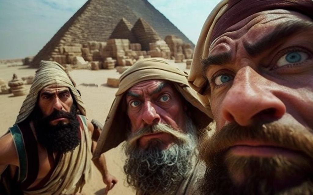 A series of selfies from the Passover story created by Dana Green using the AI program Midjourney. (Dana Green + Midjourney)