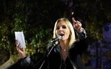 Endoron CEO Ronit Harpaz speaks at a demonstration in Ramat Hasharon, February 25, 2023. (Courtesy)