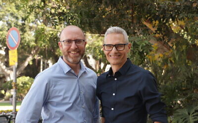 Benji Lovitt (left) and Joel Chasnoff at the launch of their new book, 'Israel 201, Your Next-Level Guide to the Magic, Mystery and Chaos of Life in the Holy Land, launched February 2023 (Courtesy Joel Chasnoff, Benji Lovitt)