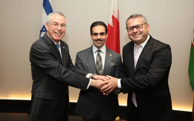 (From L-R) Ambassadors Michael Herzog, Abdulla R. Al-Khalifa and Khazar Ibrahim at an Iftar dinner in Washington hosted by the embassies of Israel, Bahrain and Azerbaijan on March 29, 2023. (Shmulik Almany)