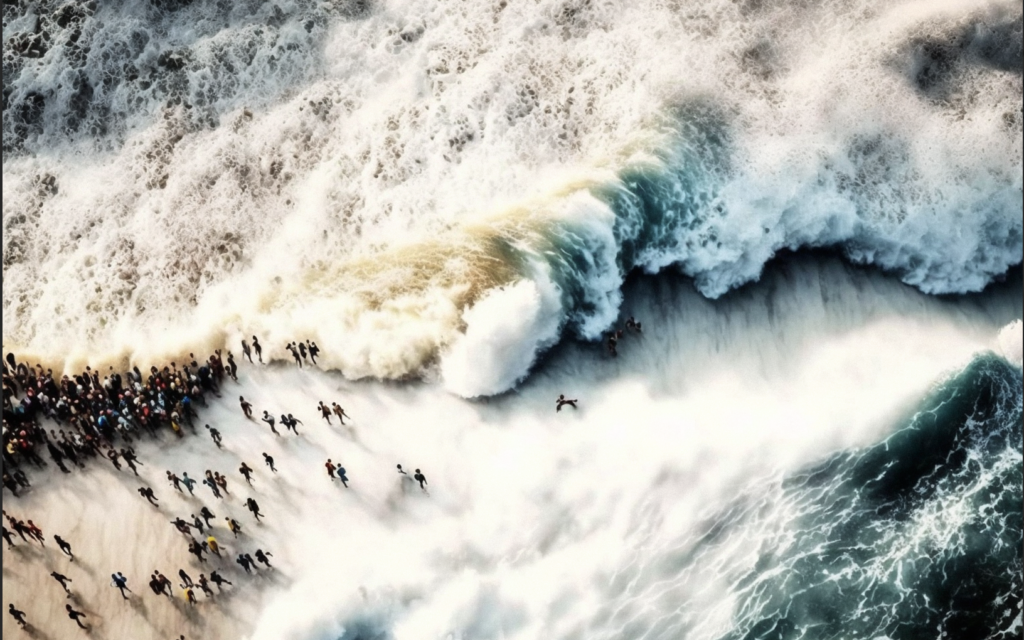 Artwork from the crossing of the Red Sea created with Midjourney from the Haggadah.AI. (Yitz Woolf/Royi Shamir/Midjourney)