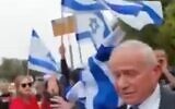 A protester is seen hitting Agriculture Minister Avi Dichter with a flag on March 23, 2023 (Screencapture/Twitter)