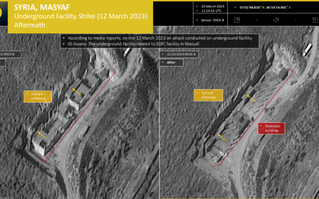 This photo released by ImageSat International on March 22, 2023, shows damage to a site near the Syrian city of Masyaf after an airstrike attributed to Israel on March 12, 2023. (ImageSat International) This photo released by ImageSat International on March 22, 2023, shows damage to a site near the Syrian city of Masyaf after an airstrike attributed to Israel on March 12, 2023. (ImageSat International)