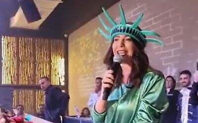 Transportation Minister Miri Regev speaks at a pre-Purim celebration in Rishon Lezion on March 4, 2023. (Screenshot: Twitter; Used in accordance with Clause 27a of the Copyright Law)
