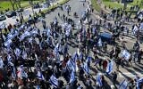 Protesters block a Tel Aviv thoroughfare during protests against the judicial overhaul, March 9, 2023. (Courtesy)