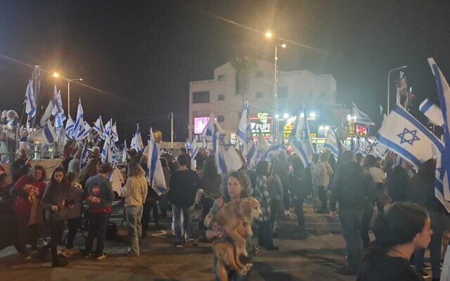 This handout photo from police shows an anti-government protest in the city of Hadera, where two suspects were arrested for throwing eggs at demonstrators, March 11, 2023. (Israel Police) This handout photo from police shows an anti-government protest in the city of Hadera, where two suspects were arrested for throwing eggs at demonstrators, March 11, 2023. (Israel Police)