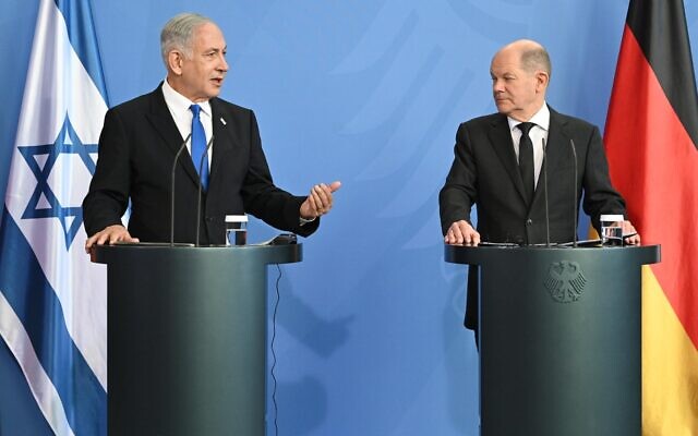 German Chancellor Olaf Scholz (R) and Prime Minister Benjamin Netanyahu speak during a joint press conference following talks at the Chancellery in Berlin on March 16, 2023. (Haim Zach/GPO) German Chancellor Olaf Scholz (R) and Prime Minister Benjamin Netanyahu speak during a joint press conference following talks at the Chancellery in Berlin on March 16, 2023. (Haim Zach/GPO)