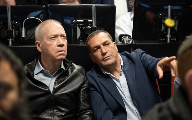 Defense Minister Yoav Gallant (left) and Defense Ministry Director General Eyal Zamir (right) are seen during the launch of the Ofek-13 reconnaissance satellite, March 29, 2023. (Defense Ministry)