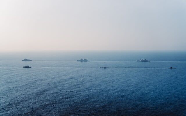 Israeli and foreign military ships sail in the Mediterranean Sea during a joint annual drill, March 2023. (Israel Defense Forces) Israeli and foreign military ships sail in the Mediterranean Sea during a joint annual drill, March 2023. (Israel Defense Forces)
