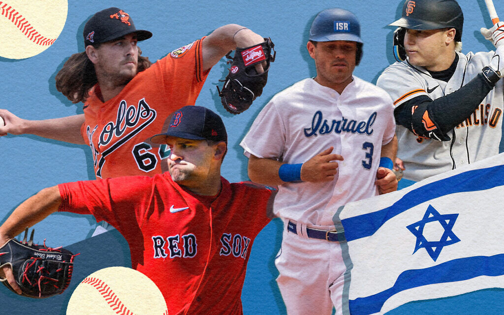 From left to right: Dean Kremer, Richard Bleier, Ian Kinsler and Joc Pederson. (Photos from Getty Images via JTA; Design by Mollie Suss) From left to right: Dean Kremer, Richard Bleier, Ian Kinsler and Joc Pederson. (Photos from Getty Images via JTA; Design by Mollie Suss)