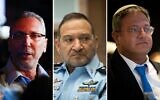 A composite image of Tel Aviv District Commander Amichai Eshed, Police Commissioner Kobi Shabtai, and National Security Minister Itamar Ben Gvir. (Yonatan Sindel/Flash90 and Erik Marmor/Flash90)