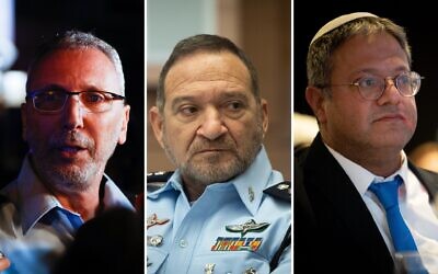 A composite image of Tel Aviv District Commander Amichai Eshed, Police Commissioner Kobi Shabtai, and National Security Minister Itamar Ben Gvir. (Yonatan Sindel/Flash90 and Erik Marmor/Flash90)