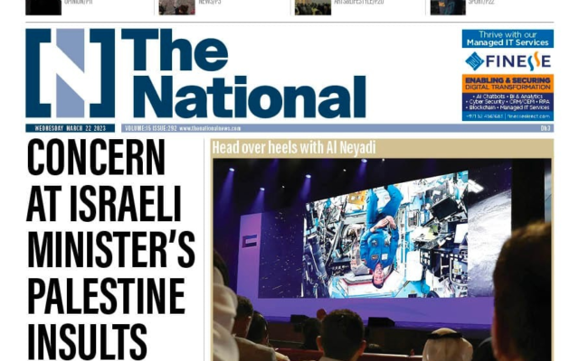 The front page of the UAE-based 'The National' on March 22, 2023. The front page of the UAE-based 'The National' on March 22, 2023.