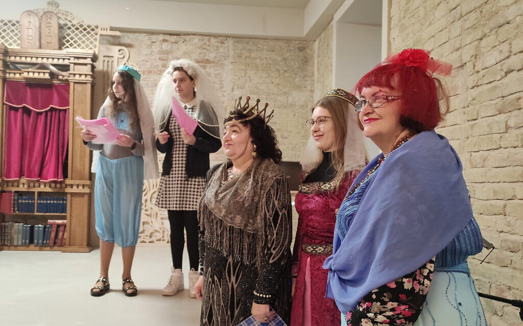Members of the Masorti community in Kyiv during a Purim performance, March 6, 2023. (Marcel Gascón Barberá via JTA) Members of the Masorti community in Kyiv during a Purim performance, March 6, 2023. (Marcel Gascón Barberá via JTA)