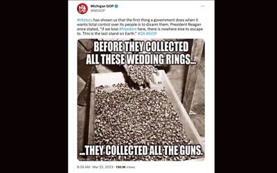 A tweet sent by the Michigan Republican Party comparing gun-control measures to the Holocaust, March 22, 2023. (Screenshot via JTA)