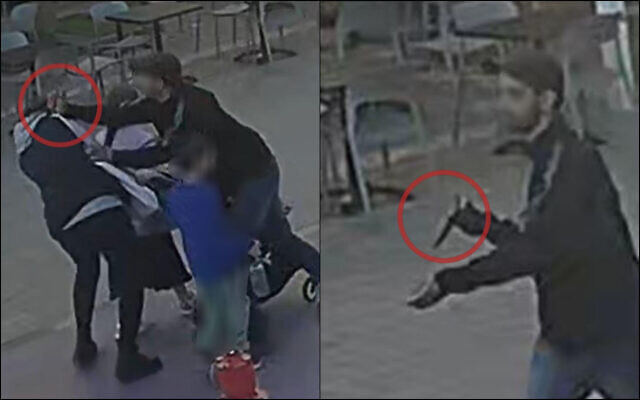 A Palestinian from the West Bank is seen stabbing an Israeli woman in the coastal city of Netanya, March 12, 2023. (Israel Police) A Palestinian from the West Bank is seen stabbing an Israeli woman in the coastal city of Netanya, March 12, 2023. (Israel Police)