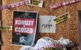 The entrance to the offices of the Kohelet Forum, the conservative think tank deeply involved in the judicial overhaul, blockaded by protesters, March 9, 2023. (Achim B'Neshek)