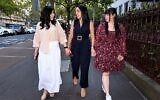 Sisters Nicole Meyer (L), Elly Sapper (C) and Dassi Erlich (R) leave the County Court in Melbourne on April 3, 2023, after the trial of former school principal Malka Leifer. (William WEST / AFP)