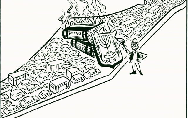 Gridlock in Israel by the far Right. In the months before the assassination of Yitzhak Rabin, several far Right groups staged protests and demonstrations against Rabin and the Oslo Accords. One group was Zo Artzeinu (This is our Land), which blocked major roads, causing massive traffic jams, depicted here in the shape of Israel. (Ze’ev, Ha’aretz August 11, 1995/Courtesy of Colin Shindler)