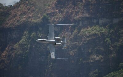 Illustrative: A US A-10 Warthog maneuvers next to mountains during live fire exercises, as part of the annual US-Philippines joint military exercise at Crow Valley, in Capas town, Tarlac province, north of Manila on April 10, 2019. (TED ALJIBE / AFP)