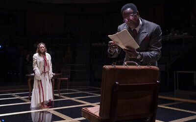 Sally Murphy and James Vincent Meredith in 'Describe the Night,' a play about Isaac Babel at the Steppenwolf Theater in Chicago. (Michael Brosilow via JTA)
