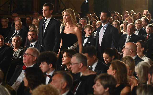Ivanka Trump (C), her husband Jared Kushner (L) and Donald Trump Jr. (R) arrive at Czechoslovak Independence Day at Prague Castle ceremony to receive a state award in memoriam of their late mother Ivana Trump, in Prague on October 28, 2022. (Michal Cizek / AFP)