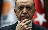 Turkish President Recep Tayyip Erdogan delivers a speech during his party's group meeting at the Turkish Grand National Assembly in Ankara, on March 29, 2023.  (Adem ALTAN / AFP)