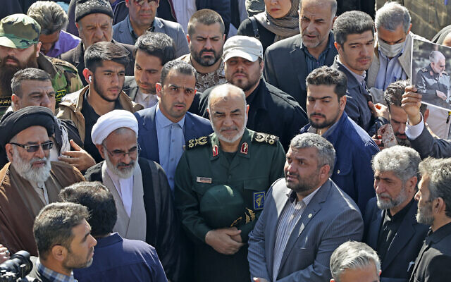 File - IRGC chief Hossein Salami (C) attends the funeral procession for two of Iran's revolutionary guard forces killed in strikes blamed on Israel in Syria, held in Tehran on April 4, 2023 (ATTA KENARE / AFP) File - IRGC chief Hossein Salami (C) attends the funeral procession for two of Iran's revolutionary guard forces killed in strikes blamed on Israel in Syria, held in Tehran on April 4, 2023 (ATTA KENARE / AFP)