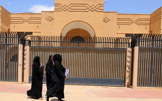 Women walk past the closed Iranian embassy in the diplomatic quarter of the Saudi capital Riyadh, on April 11, 2023. (Fayez Nureldine / AFP) Women walk past the closed Iranian embassy in the diplomatic quarter of the Saudi capital Riyadh, on April 11, 2023. (Fayez Nureldine / AFP)