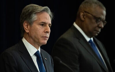 US Secretary of State Antony Blinken and US Defense Secretary Lloyd Austin participate in the US-Philippines 2+2 Ministerial Dialogue Plenary Session on Promoting Regional Security at the State Department in Washington, DC, on April 11, 2023. (ANDREW CABALLERO-REYNOLDS / AFP)