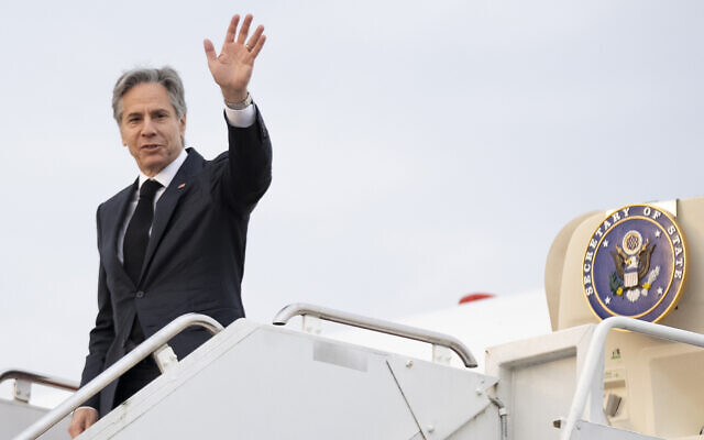 US Secretary of State Antony Blinken boards his plane at Yokota Air Base in Fussa, Tokyo prefecture, on April 18, 2023. (Andrew Harnik/Pool/AFP) US Secretary of State Antony Blinken boards his plane at Yokota Air Base in Fussa, Tokyo prefecture, on April 18, 2023. (Andrew Harnik/Pool/AFP)