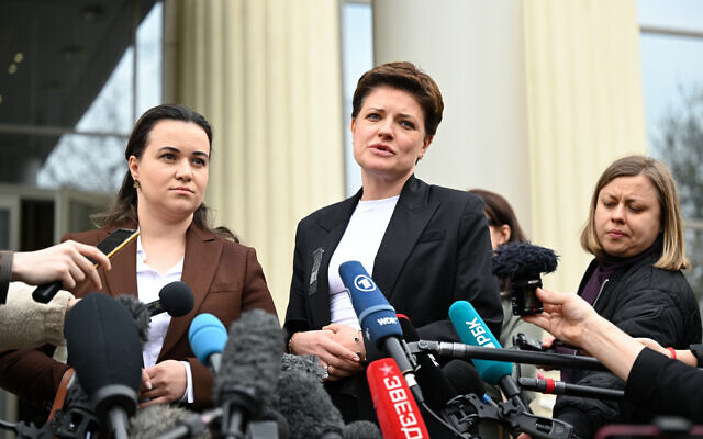(L-R) Lawyers Maria Korchagina and Tatiana Nozhkina talk to the media outside the Moscow City Court after a hearing to consider an appeal on the arrest of US journalist Evan Gershkovich, held on espionage charges, in Moscow on April 18, 2023. (Photo by NATALIA KOLESNIKOVA / AFP) (L-R) Lawyers Maria Korchagina and Tatiana Nozhkina talk to the media outside the Moscow City Court after a hearing to consider an appeal on the arrest of US journalist Evan Gershkovich, held on espionage charges, in Moscow on April 18, 2023. (Photo by NATALIA KOLESNIKOVA / AFP)