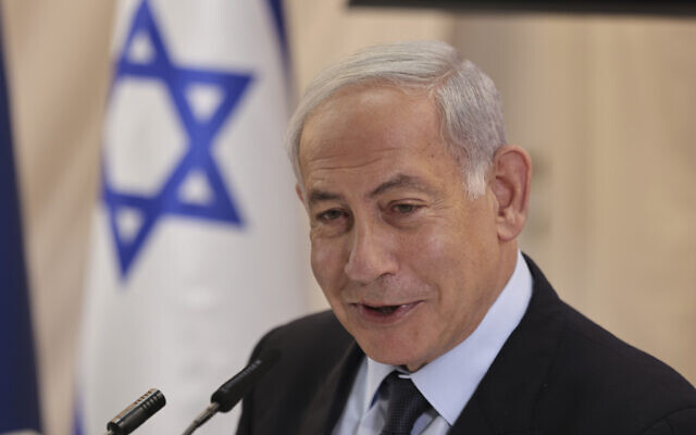 Prime Minister Benjamin Netanyahu speaks during a cabinet meeting in the southern city of Sderot on April 20, 2023. (Menahem Kahana/Pool/AFP) Prime Minister Benjamin Netanyahu speaks during a cabinet meeting in the southern city of Sderot on April 20, 2023. (Menahem Kahana/Pool/AFP)