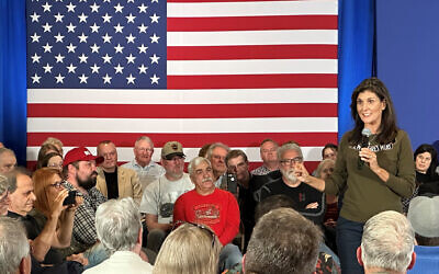 Former US ambassador to the United Nations and Republican presidential hopeful Nikki Haley addresses a town hall event at an American Legion center in Laconia, New Hampshire on April 28, 2023. (Michael Mathes / AFP)