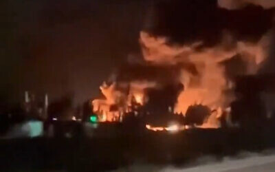 A fire is seen burning in footage purportedly from the Syrian city of Homs, following an alleged Israeli airstrike, April 29, 2023. (Screenshot: Twitter)