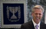 Majority Whip Kevin McCarthy of Calif., head of a delegation of 35 Republican US congressmen, reacts prior to a meeting with then-president Shimon Peres, at the president's residence in Jerusalem on August 17, 2011. (AP Photo/Sebastian Scheiner)