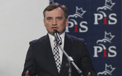 Poland's justice minister Zbigniew Ziobro speaks to reporters in Warsaw, Poland, September 26, 2020. (Czarek Sokolowski/AP)