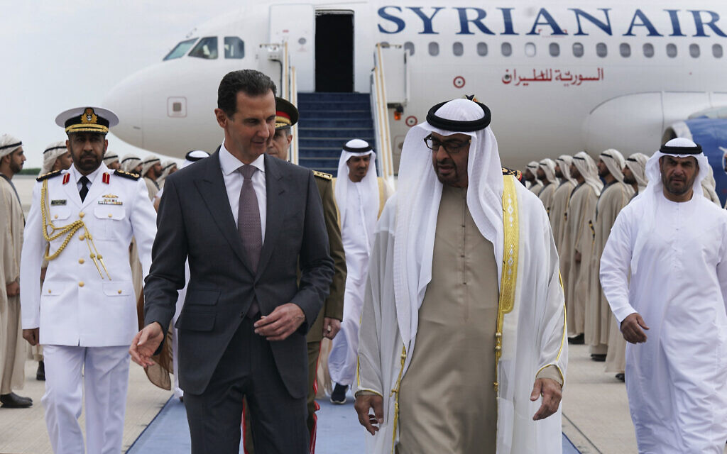In this photo released by the Syrian Presidency, Syrian President Bashar Assad, left, speaks with UAE President Sheikh Mohammed bin Zayed Al-Nahyan, in in Abu Dhabi, United Arab Emirates, March 19, 2023. (Syrian Presidency via AP) In this photo released by the Syrian Presidency, Syrian President Bashar Assad, left, speaks with UAE President Sheikh Mohammed bin Zayed Al-Nahyan, in in Abu Dhabi, United Arab Emirates, March 19, 2023. (Syrian Presidency via AP)