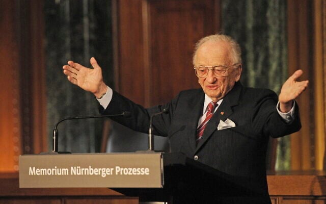 Benjamin Ferencz, Romanian-born American lawyer and chief prosecutor of the Nuremberg war crimes trials, speaks during an opening ceremony for the exhibition commemorating the Nuremberg war crimes trials in Nuremberg, Germany, November 21, 2010. (Armin Weigel/Pool Photo via AP, File) Benjamin Ferencz, Romanian-born American lawyer and chief prosecutor of the Nuremberg war crimes trials, speaks during an opening ceremony for the exhibition commemorating the Nuremberg war crimes trials in Nuremberg, Germany, November 21, 2010. (Armin Weigel/Pool Photo via AP, File)