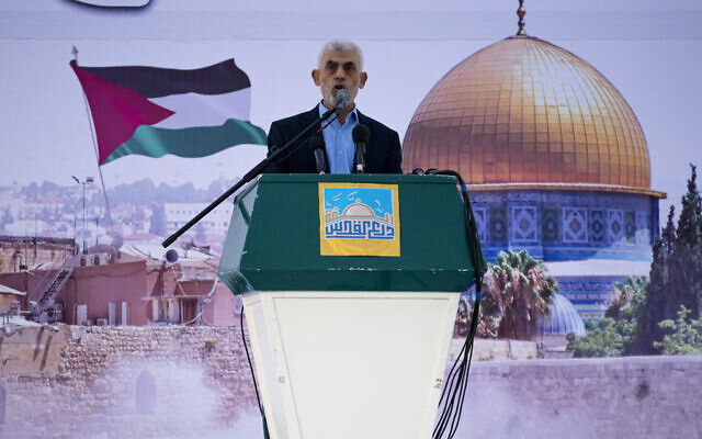 Yihye Sinwar, head of Hamas in Gaza, delivers a speech during a rally marking "Jerusalem Day," or Al-Quds Day, at a soccer field in Gaza City, Friday, April 14, 2023. (AP Photo/Fatima Shbair) Yihye Sinwar, head of Hamas in Gaza, delivers a speech during a rally marking "Jerusalem Day," or Al-Quds Day, at a soccer field in Gaza City, Friday, April 14, 2023. (AP Photo/Fatima Shbair)