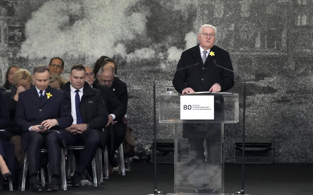 German President Frank-Walter Steinmeier delivers a speech during a 'Warsaw Ghetto Uprising' commemoration reception in Warsaw, Poland, Wednesday, April 19, 2023. (AP Photo/Czarek Sokolowski) German President Frank-Walter Steinmeier delivers a speech during a 'Warsaw Ghetto Uprising' commemoration reception in Warsaw, Poland, Wednesday, April 19, 2023. (AP Photo/Czarek Sokolowski)