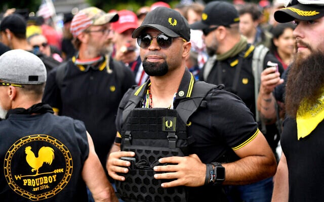 Proud Boys chairman Enrique Tarrio at a rally in Portland, Oregon, on August 17, 2019. (Noah Berger/AP) Proud Boys chairman Enrique Tarrio at a rally in Portland, Oregon, on August 17, 2019. (Noah Berger/AP)