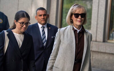 Former advice columnist E. Jean Carroll walks into Manhattan federal court in New York, on April 25, 2023. (Brittainy Newman/AP)