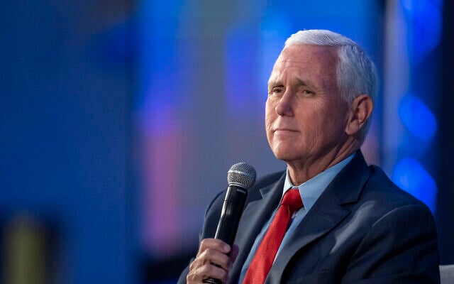 Former vice president Mike Pence pauses while speaking at the Federalist Society Executive Branch Review conference, April 25, 2023, in Washington. (AP/Alex Brandon)