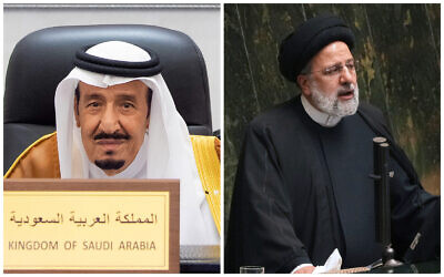 (L) Saudi King Salman attends the G20 Leaders' Summit via videoconference at the royal palace in Riyadh, Saudi Arabia on Oct. 30, 2021. Iranian President Ebrahim Raisi addresses lawmakers while defending his next year's budget bill at the parliament in Tehran, Iran, Sunday, Jan. 22, 2023. (AP Photos/ Bandar Aljaloud, Vahid Salemi)