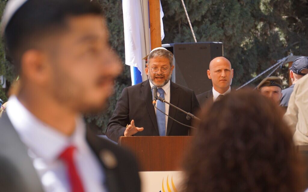 National Security Minister Itamar Ben Gvir speaks at a Memorial Day ceremony at the Beersheba Military Cemetery, April 25, 2023. (Emanuel Fabian/Times of Israel)