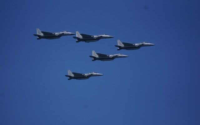 IAF F-F15s take part in an independence day flyby in Tel Aviv on April 26, 2023. (Emanuel Fabian/Times of Israel) IAF F-F15s take part in an independence day flyby in Tel Aviv on April 26, 2023. (Emanuel Fabian/Times of Israel)